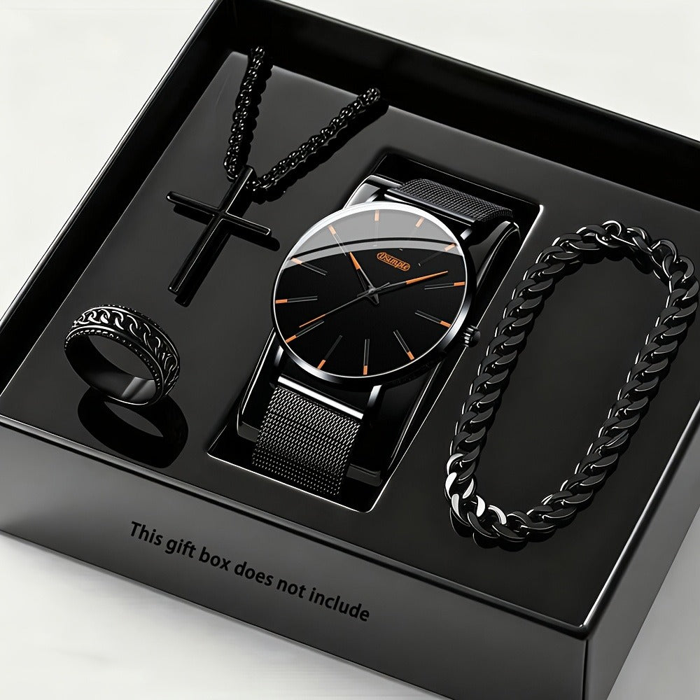 Jewelry Set with Watch - Luxury for Men 4pcs Quartz Analog Bracelet Necklace Gift Box Business - product detail view 3