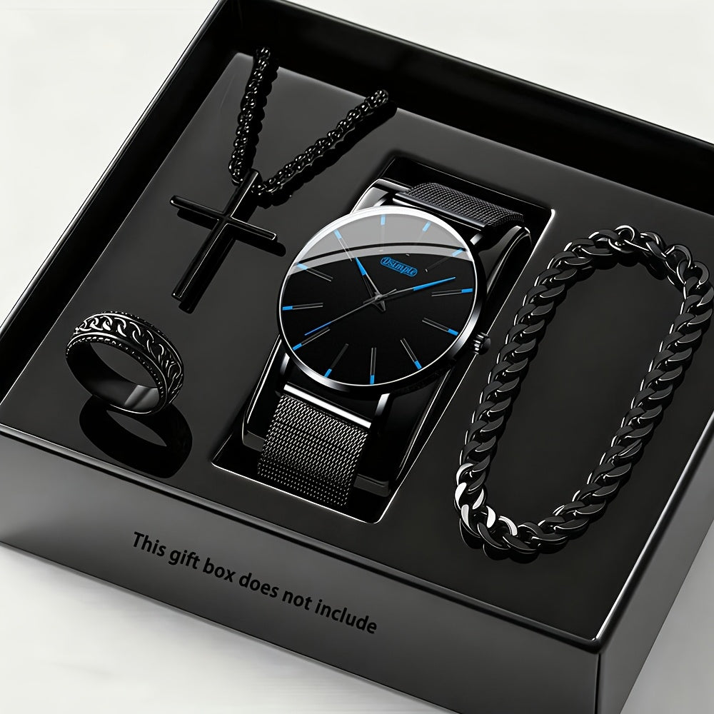 Jewelry Set with Watch - Luxury for Men 4pcs Quartz Analog Bracelet Necklace Gift Box Business - product detail view 11