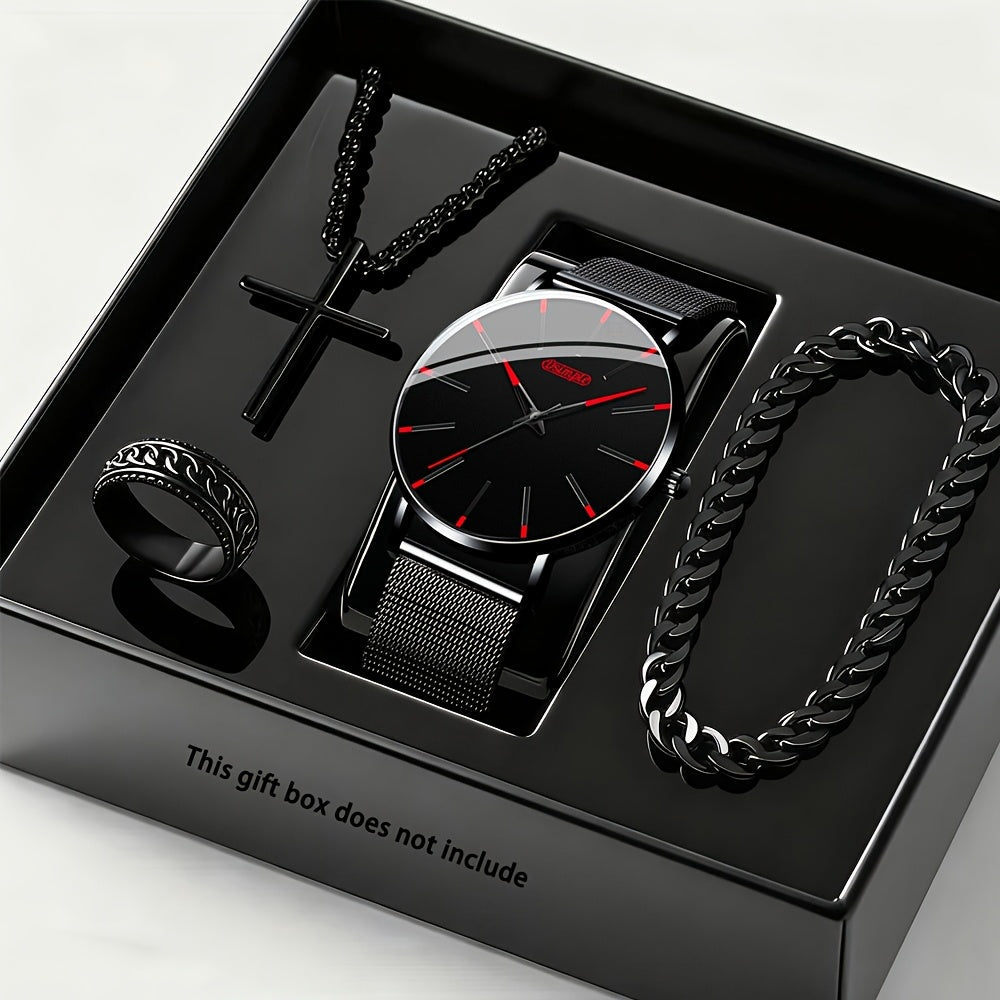 Jewelry Set with Watch - Luxury for Men 4pcs Quartz Analog Bracelet Necklace Gift Box Business - product detail view 12