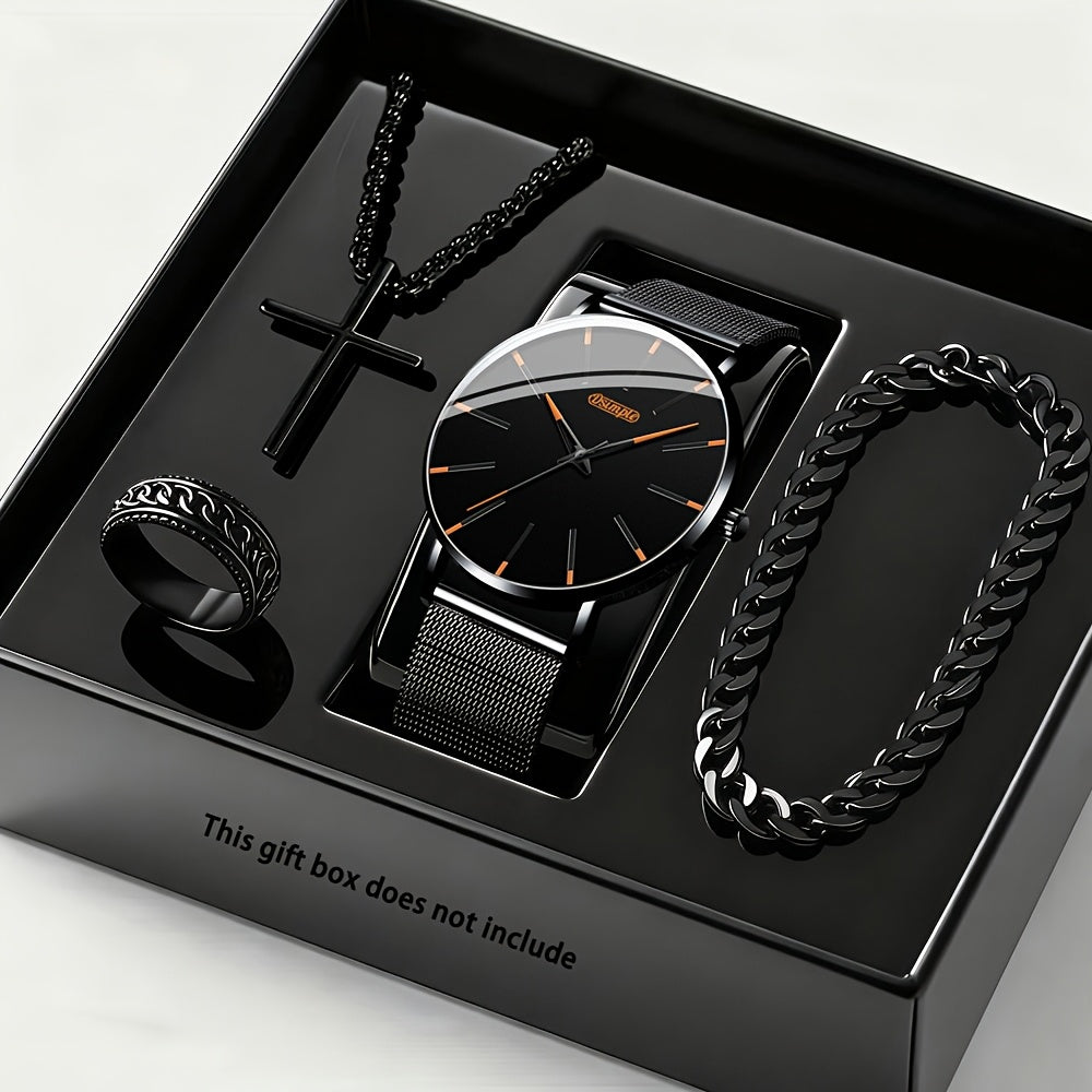 Jewelry Set with Watch - Luxury for Men 4pcs Quartz Analog Bracelet Necklace Gift Box Business - product detail view 13