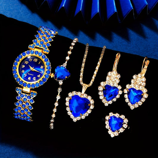Jewelry Set with Watch - Quartz for Women 5 Piece Elegant Light Luxury Fashion & Blue Heart - main product view