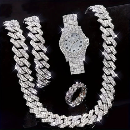 Jewelry Set with Watch - Men's 4pcs Lab Diamond & Gift Diamond-Inlaid Bracelet, Lab-Created Stone - product detail view 2