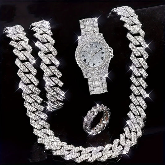 Jewelry Set with Watch - Men's 4pcs Lab Diamond & Gift Diamond-Inlaid Bracelet, Lab-Created Stone - product detail view 2