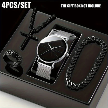 Jewelry Set with Watch - Men's & 4pcs Quartz , Ring, Necklace & Bracelet Fashion Accessory Bundle - main product view