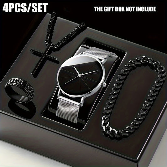 Jewelry Set with Watch - Men's & 4pcs Quartz , Ring, Necklace & Bracelet Fashion Accessory Bundle - main product view