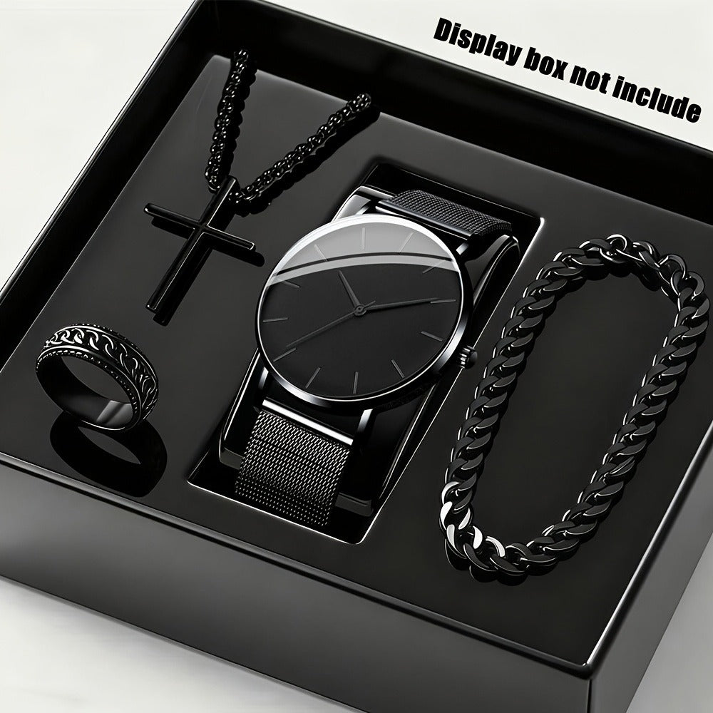 Jewelry Set with Watch - Men's & 4pcs Quartz , Ring, Necklace & Bracelet Fashion Accessory Bundle - product detail view 4