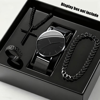 Jewelry Set with Watch - Men's & 4pcs Quartz , Ring, Necklace & Bracelet Fashion Accessory Bundle - product detail view 4