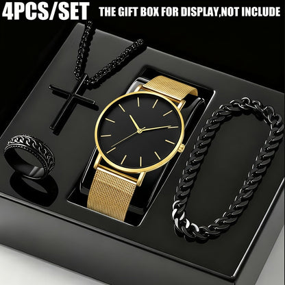 Jewelry Set with Watch - Men's & 4pcs Quartz , Ring, Necklace & Bracelet Fashion Accessory Bundle - product detail view 7