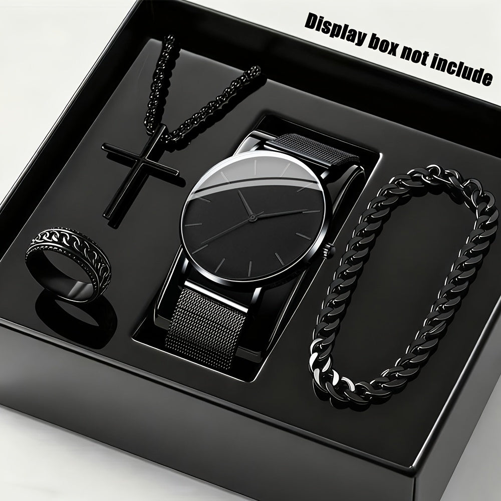 Jewelry Set with Watch - Men's & 4pcs Quartz , Ring, Necklace & Bracelet Fashion Accessory Bundle - product detail view 12