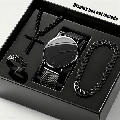 Jewelry Set with Watch - Men's & 4pcs Quartz , Ring, Necklace & Bracelet Fashion Accessory Bundle - product detail view 12