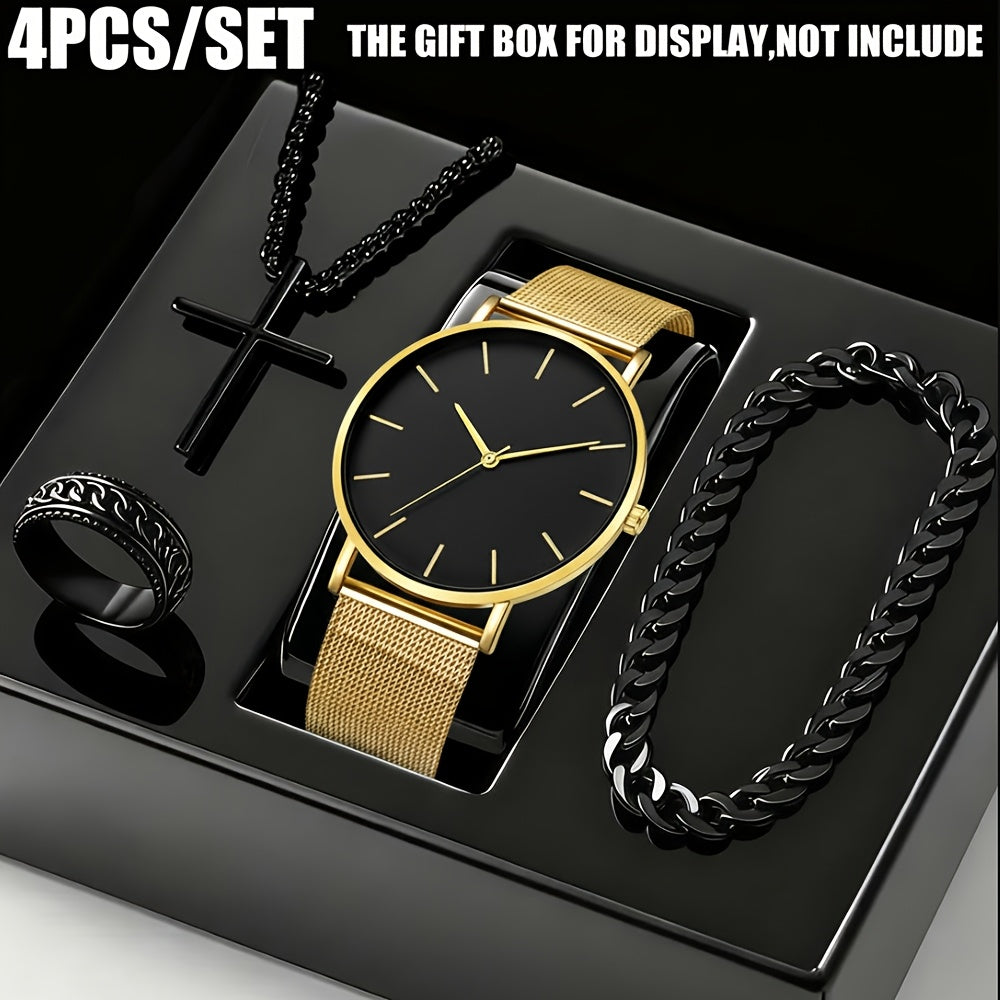 Jewelry Set with Watch - Men's & 4pcs Quartz , Ring, Necklace & Bracelet Fashion Accessory Bundle - product detail view 13
