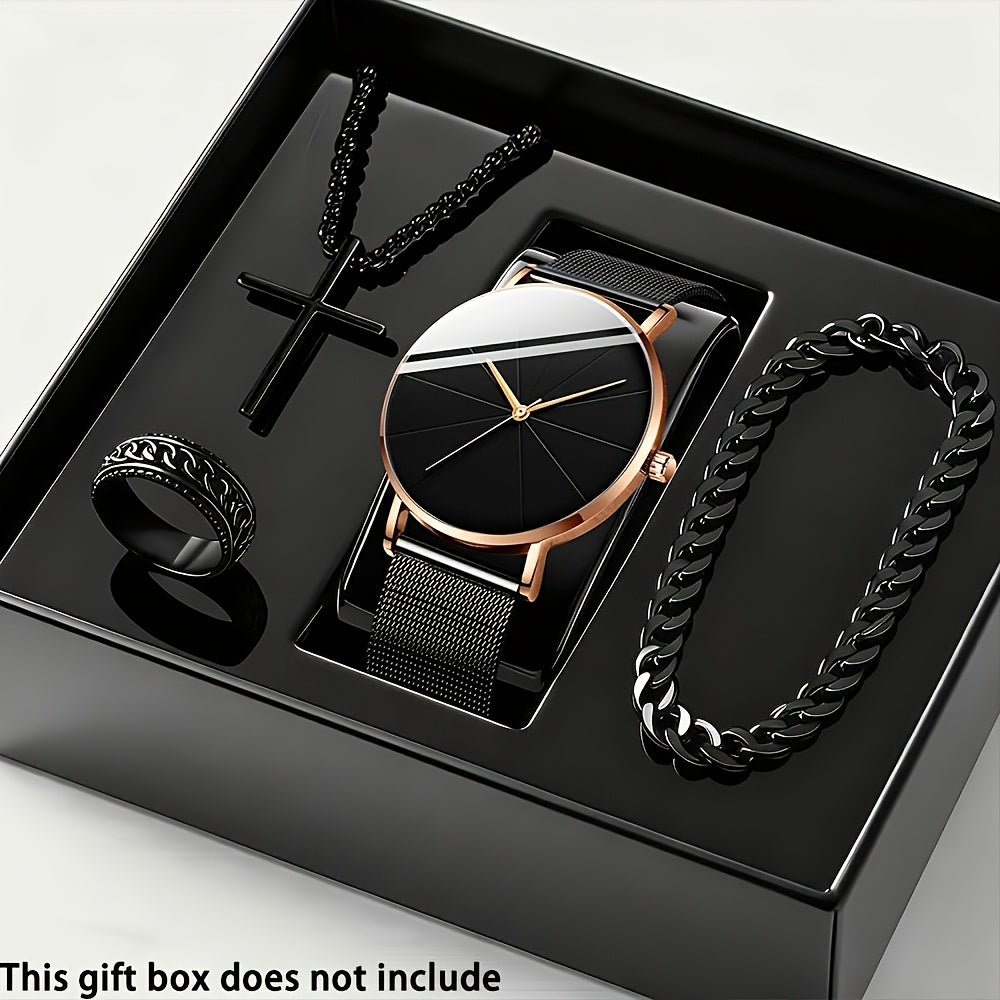 Jewelry Set with Watch - Men's & 4pcs Quartz , Ring, Necklace & Bracelet Fashion Accessory Bundle - product detail view 14