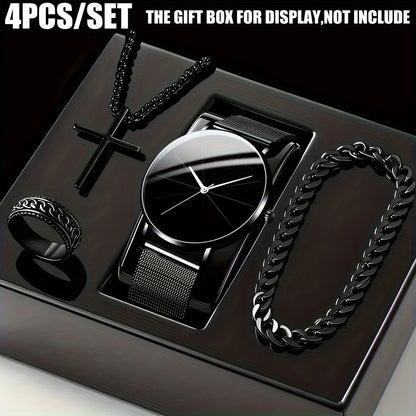 Jewelry Set with Watch - Men's & 4pcs Quartz , Ring, Necklace & Bracelet Fashion Accessory Bundle - product detail view 15