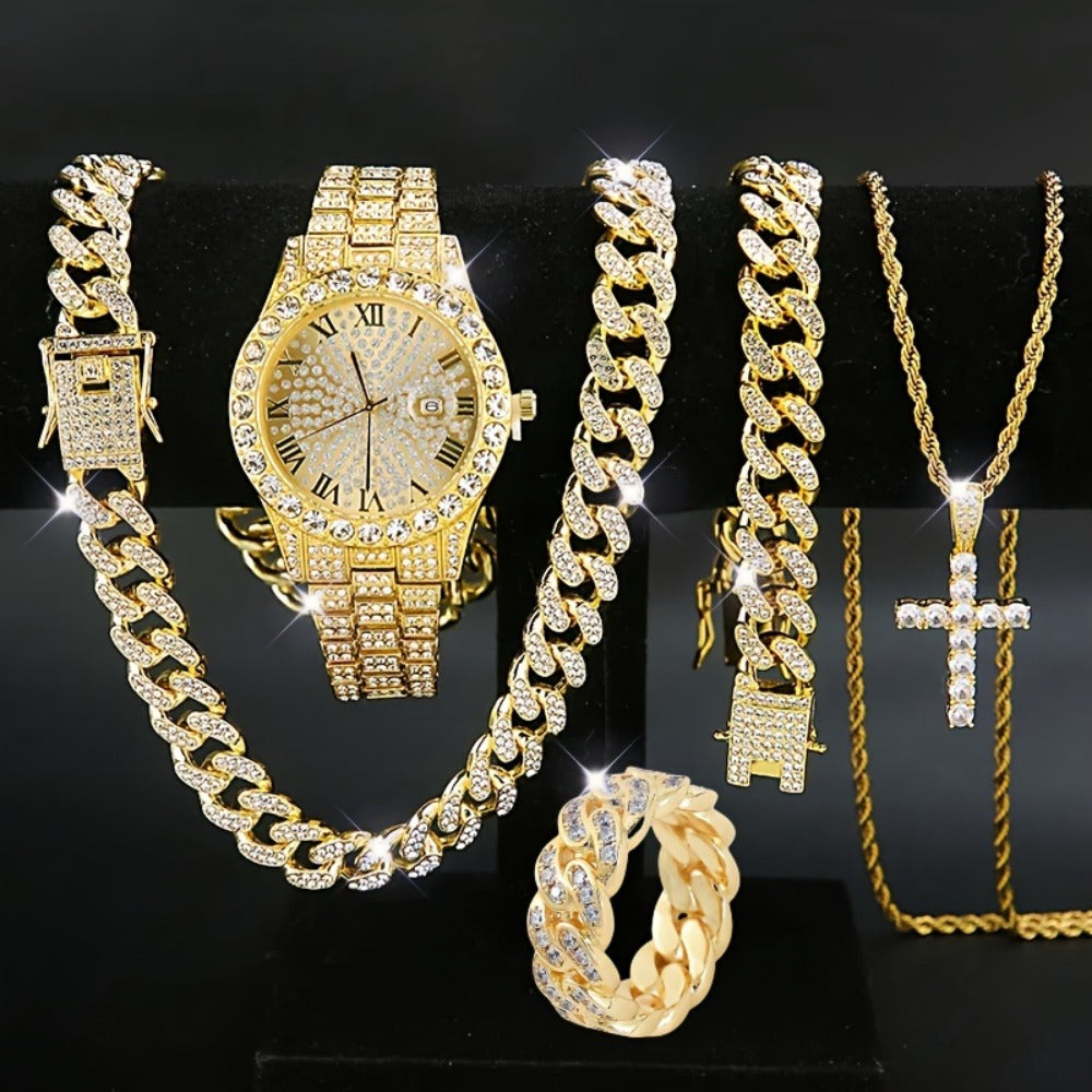Jewelry Set with Watch - Men's 5pcs Rhinestone Necklace Ring Bracelet Gift Box Fashion Accessories - main product view