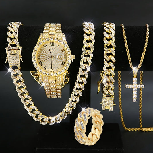 Jewelry Set with Watch - Men's 5pcs Rhinestone Necklace Ring Bracelet Gift Box Fashion Accessories - main product view