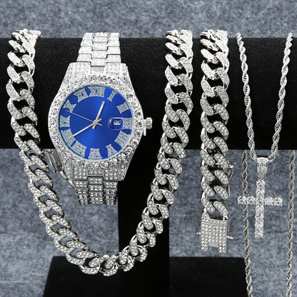 Jewelry Set with Watch - Men's & Cuban Link 4pcs Wristwatch, Cuban Necklace & Bracelet Bundle for - main product view