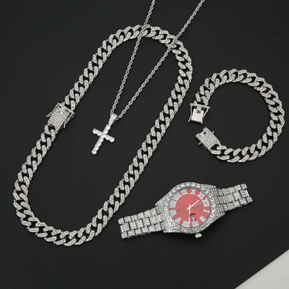 Jewelry Set with Watch - Men's & Cuban Link 4pcs Wristwatch, Cuban Necklace & Bracelet Bundle for - product detail view 5