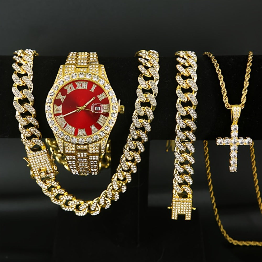 Jewelry Set with Watch - Men's & Cuban Link 4pcs Wristwatch, Cuban Necklace & Bracelet Bundle for - product detail view 7