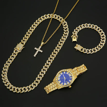 Jewelry Set with Watch - Men's & Cuban Link 4pcs Wristwatch, Cuban Necklace & Bracelet Bundle for - product detail view 8