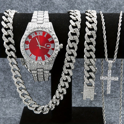 Jewelry Set with Watch - Men's & Cuban Link 4pcs Wristwatch, Cuban Necklace & Bracelet Bundle for - product detail view 10