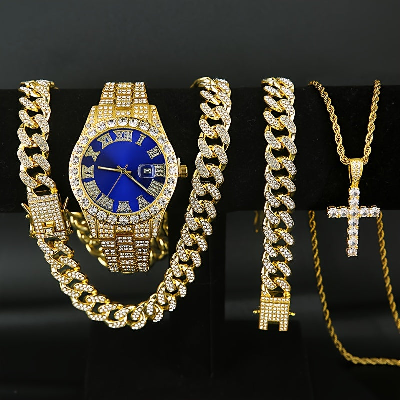 Jewelry Set with Watch - Men's & Cuban Link 4pcs Wristwatch, Cuban Necklace & Bracelet Bundle for - product detail view 11