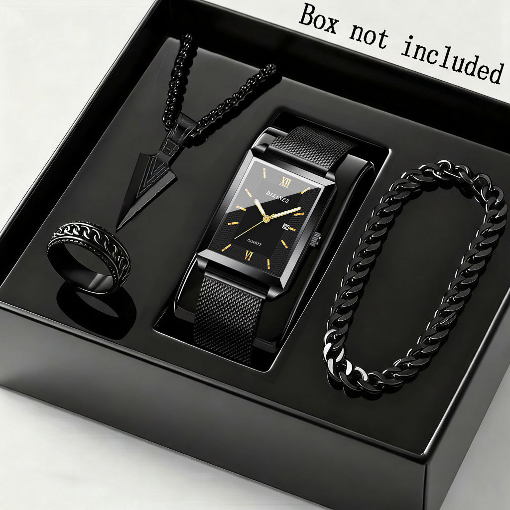Jewelry Set with Watch - Men's & Gift 4-Piece Quartz , Necklace, Bracelet & Ring, Zinc Alloy - product detail view 7