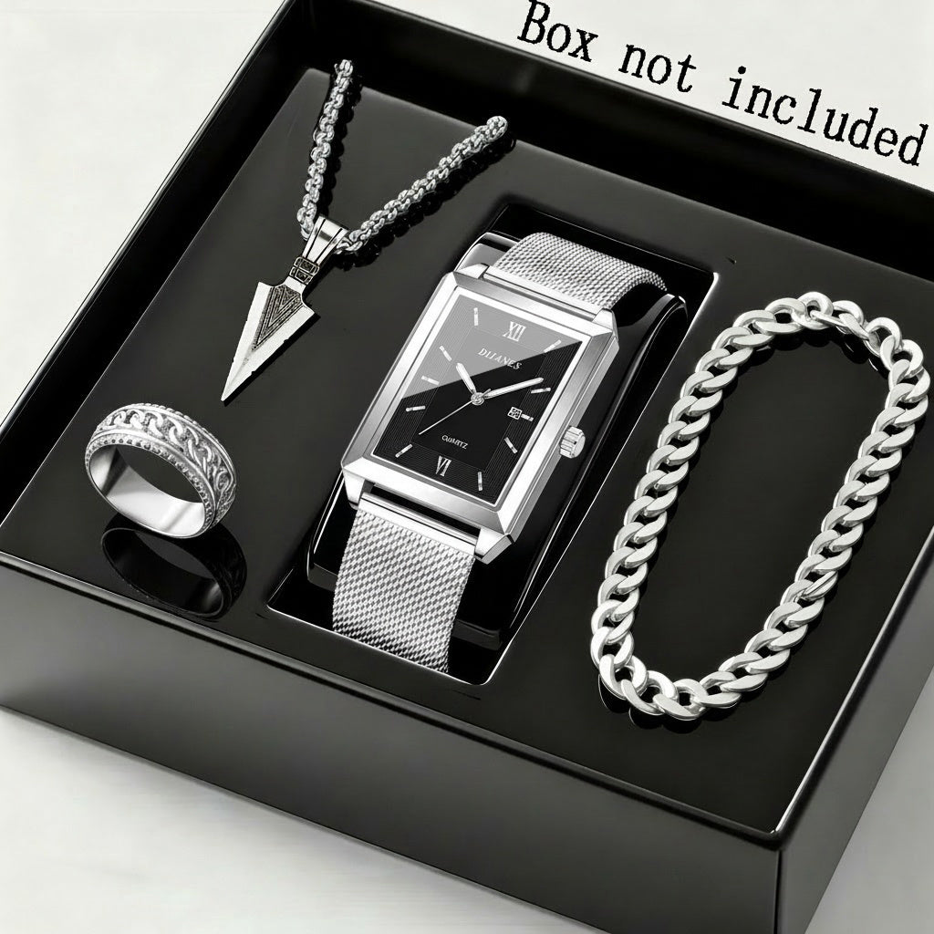 Jewelry Set with Watch - Men's & Gift 4-Piece Quartz , Necklace, Bracelet & Ring, Zinc Alloy - product detail view 8
