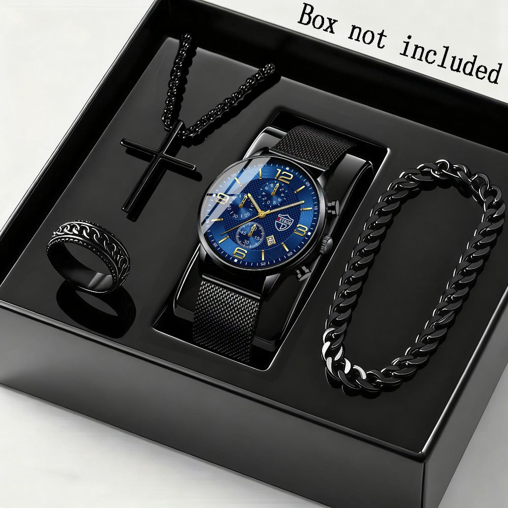 Jewelry Set with Watch - Men's & Gift 4-Piece Quartz Date , Stainless Steel Bracelet & Necklace - main product view