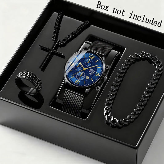 Jewelry Set with Watch - Men's & Gift 4-Piece Quartz Date , Stainless Steel Bracelet & Necklace - main product view