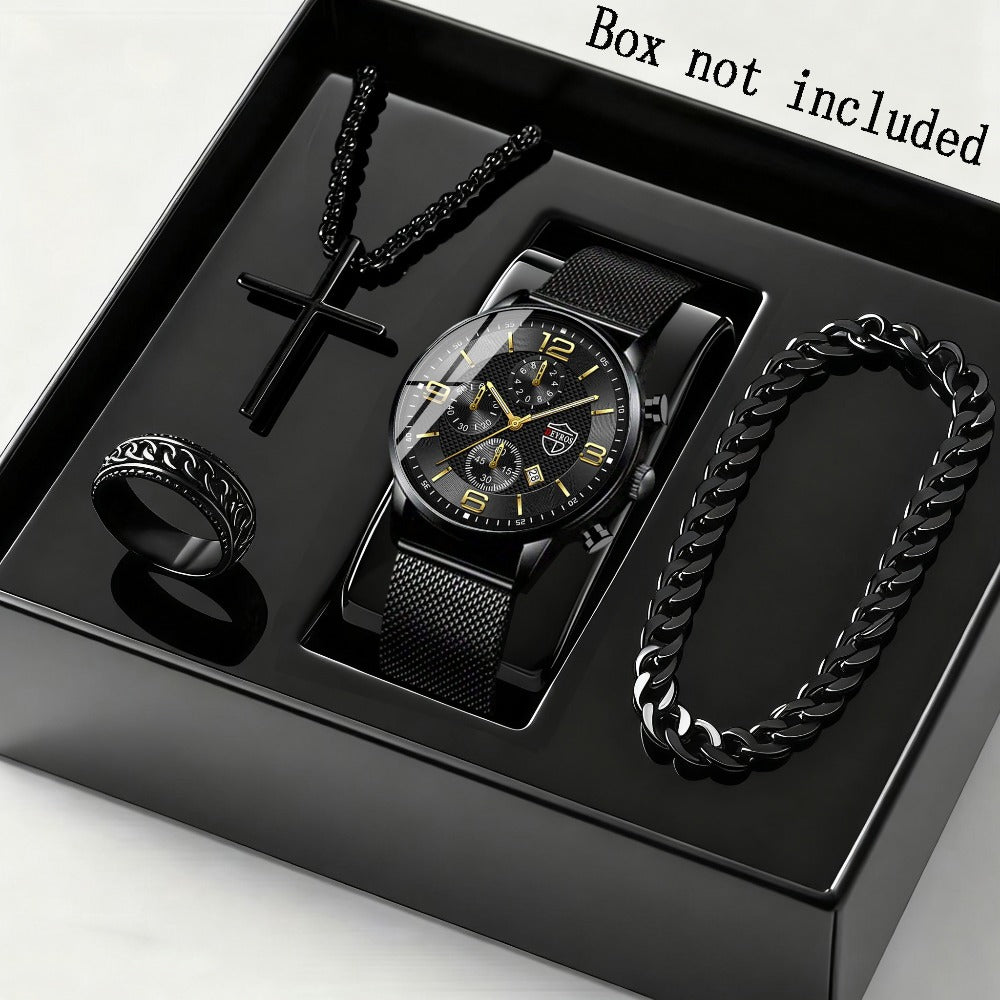 Jewelry Set with Watch - Men's & Gift 4-Piece Quartz Date , Stainless Steel Bracelet & Necklace - product detail view 2