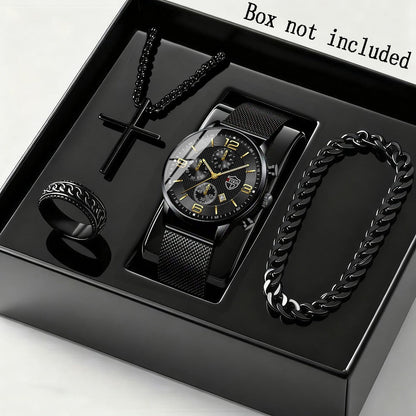 Jewelry Set with Watch - Men's & Gift 4-Piece Quartz Date , Stainless Steel Bracelet & Necklace - product detail view 2