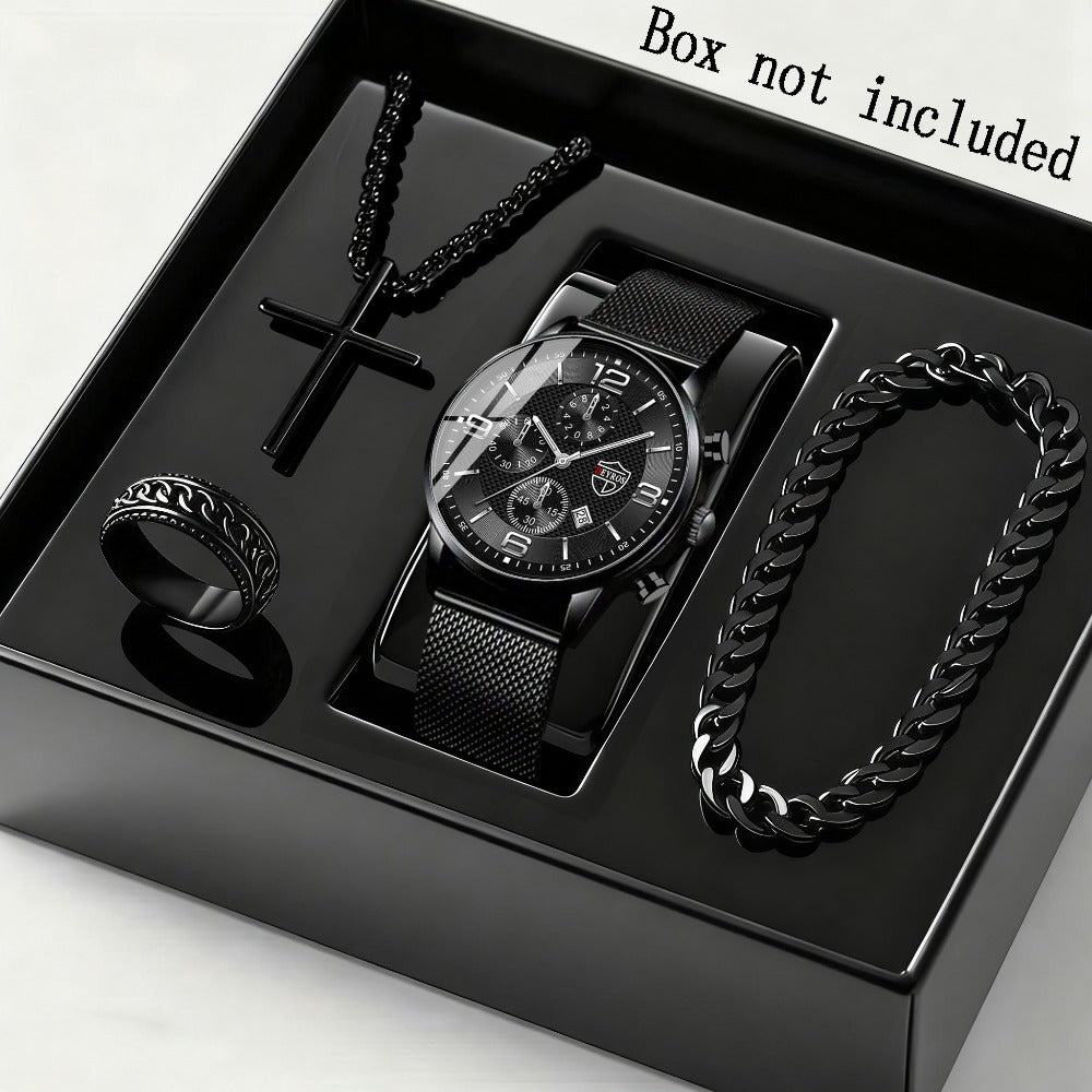 Jewelry Set with Watch - Men's & Gift 4-Piece Quartz Date , Stainless Steel Bracelet & Necklace - product detail view 3