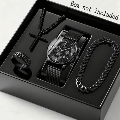 Jewelry Set with Watch - Men's & Gift 4-Piece Quartz Date , Stainless Steel Bracelet & Necklace - product detail view 3