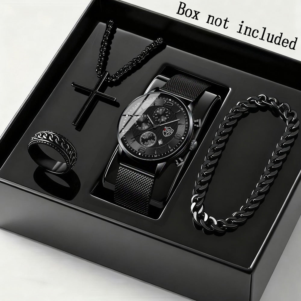 Jewelry Set with Watch - Men's & Gift 4-Piece Quartz Date , Stainless Steel Bracelet & Necklace - product detail view 4