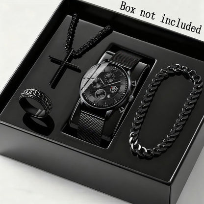 Jewelry Set with Watch - Men's & Gift 4-Piece Quartz Date , Stainless Steel Bracelet & Necklace - product detail view 4
