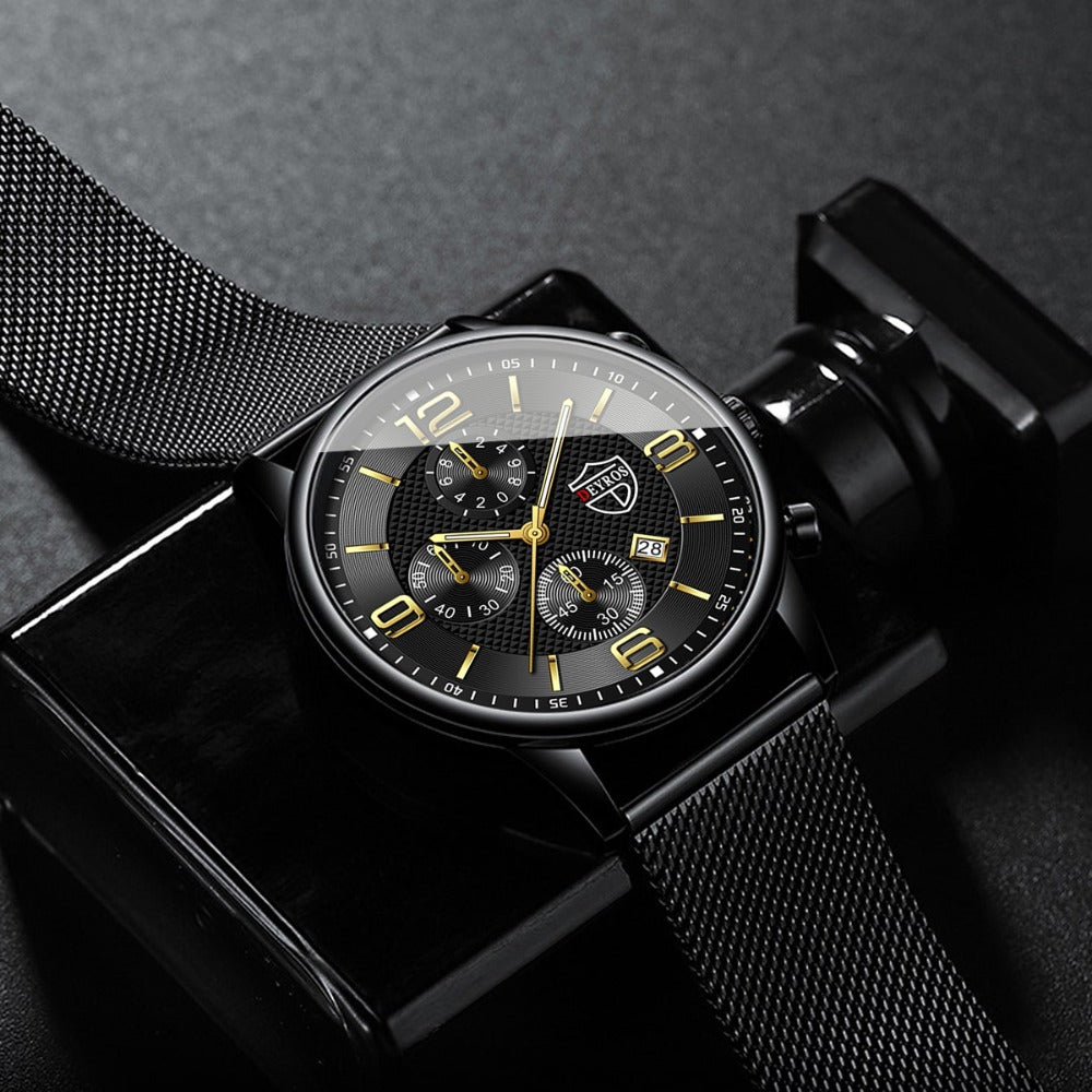Jewelry Set with Watch - Men's & Gift 4-Piece Quartz Date , Stainless Steel Bracelet & Necklace - product detail view 5
