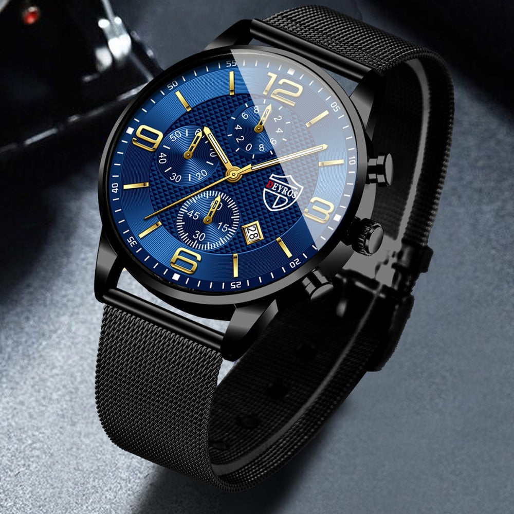 Jewelry Set with Watch - Men's & Gift 4-Piece Quartz Date , Stainless Steel Bracelet & Necklace - product detail view 8