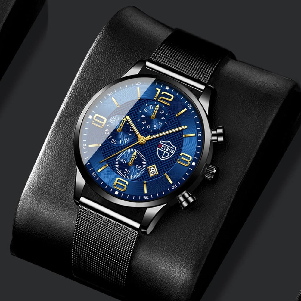 Jewelry Set with Watch - Men's & Gift 4-Piece Quartz Date , Stainless Steel Bracelet & Necklace - product detail view 9