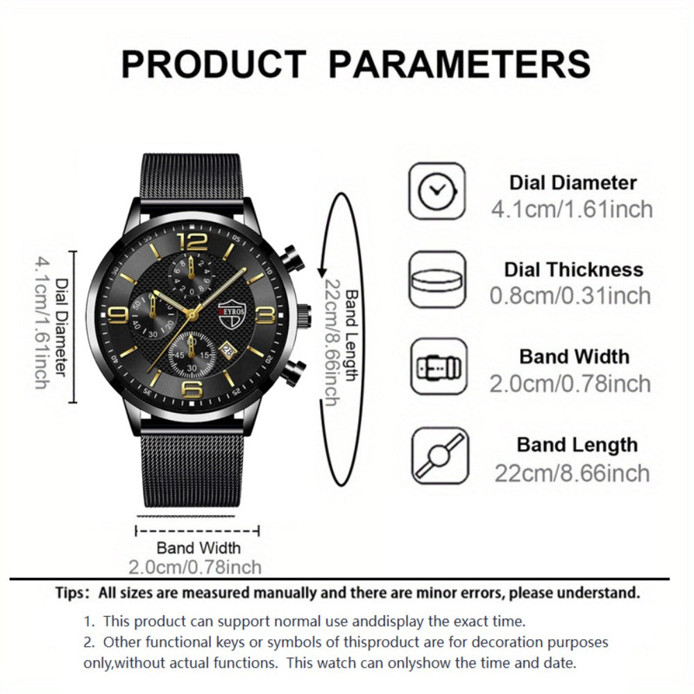 Jewelry Set with Watch - Men's & Gift 4-Piece Quartz Date , Stainless Steel Bracelet & Necklace - product detail view 10