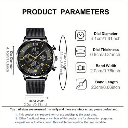 Jewelry Set with Watch - Men's & Gift 4-Piece Quartz Date , Stainless Steel Bracelet & Necklace - product detail view 10