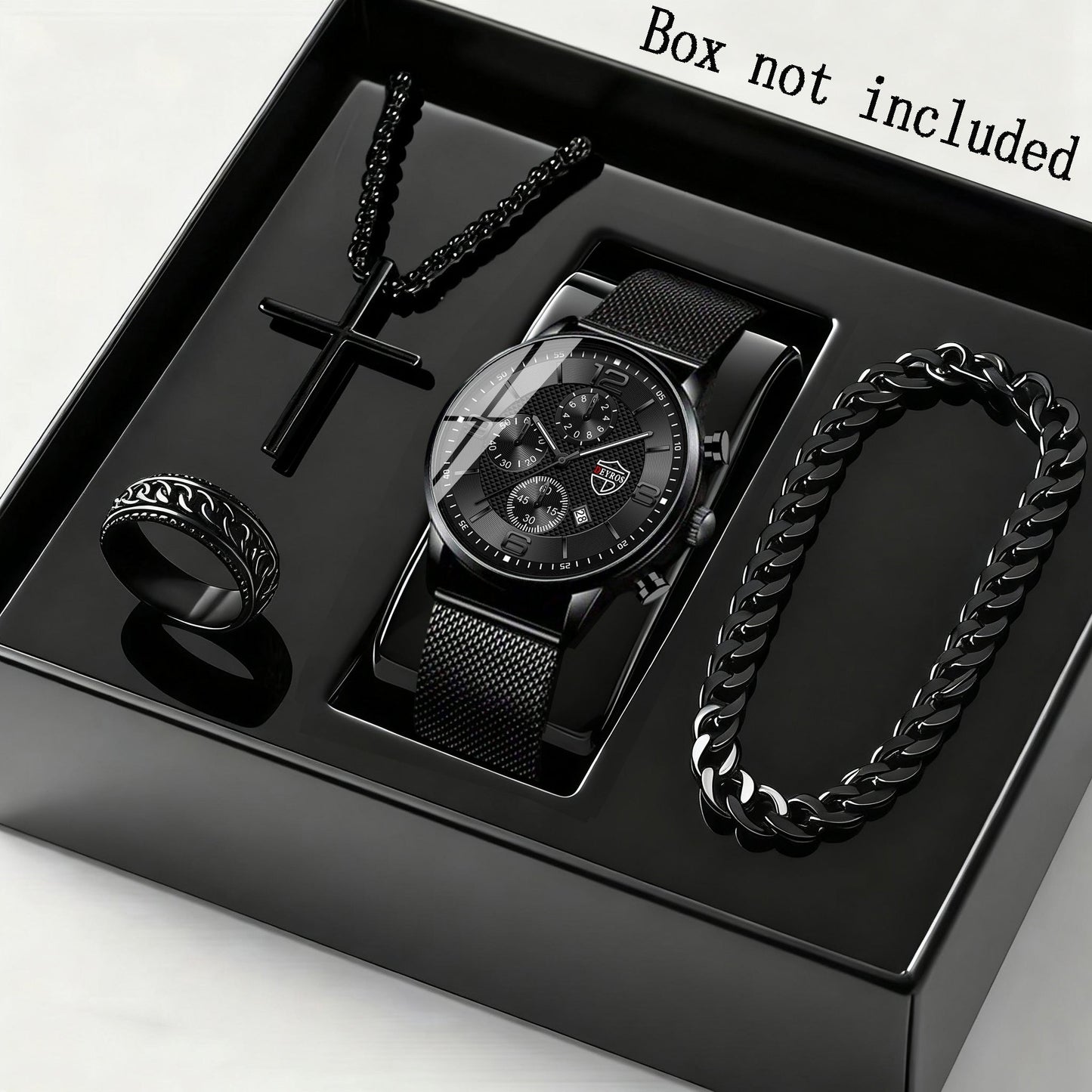 Jewelry Set with Watch - Men's & Gift 4-Piece Quartz Date , Stainless Steel Bracelet & Necklace - product detail view 12