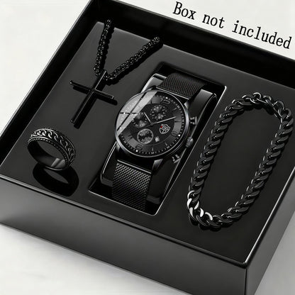 Jewelry Set with Watch - Men's & Gift 4-Piece Quartz Date , Stainless Steel Bracelet & Necklace - product detail view 12
