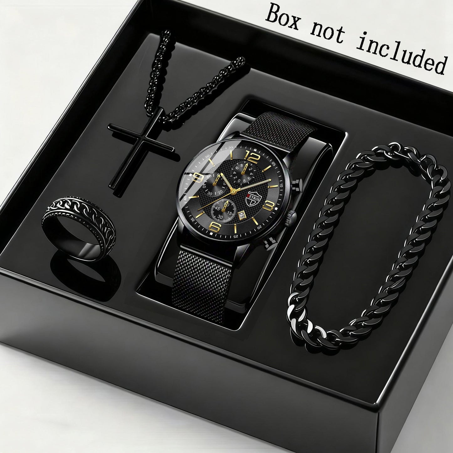 Jewelry Set with Watch - Men's & Gift 4-Piece Quartz Date , Stainless Steel Bracelet & Necklace - product detail view 13