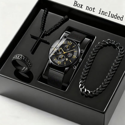 Jewelry Set with Watch - Men's & Gift 4-Piece Quartz Date , Stainless Steel Bracelet & Necklace - product detail view 13