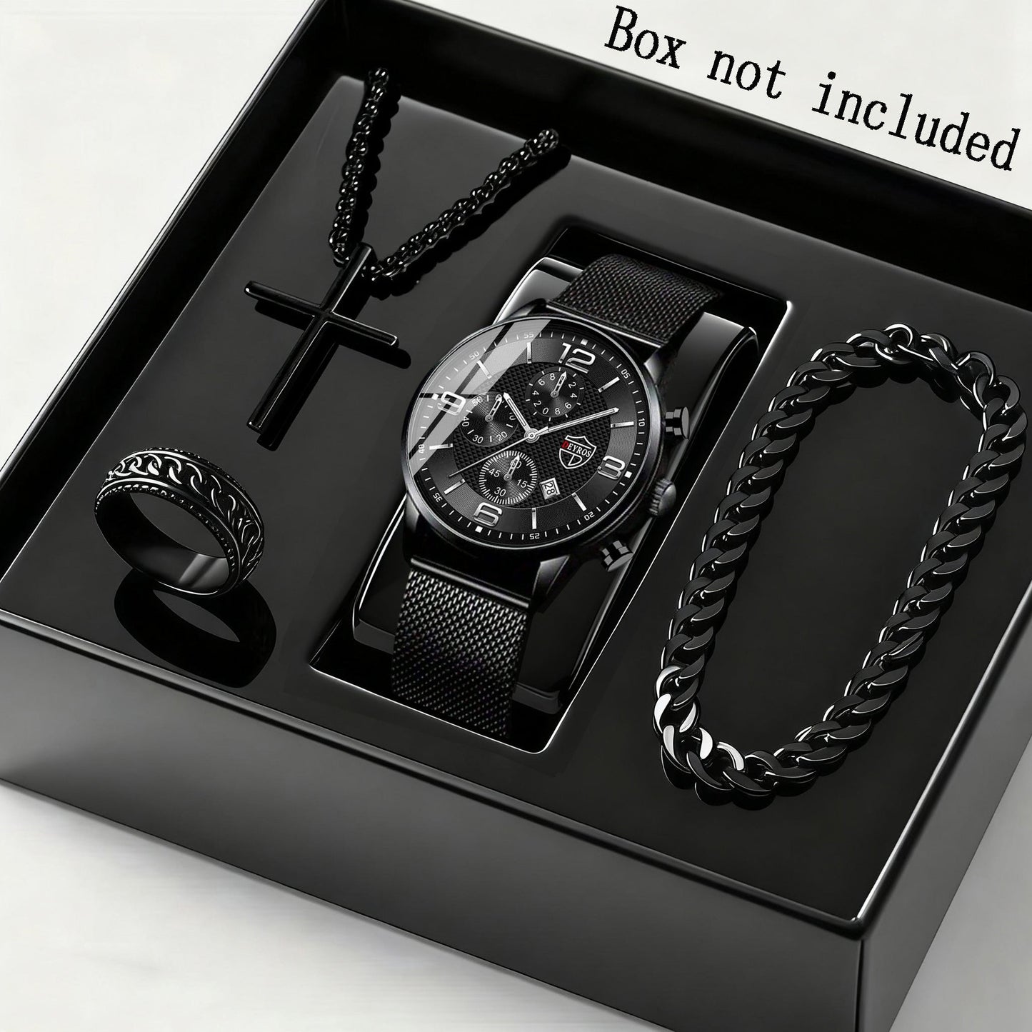Jewelry Set with Watch - Men's & Gift 4-Piece Quartz Date , Stainless Steel Bracelet & Necklace - product detail view 14