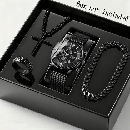 Jewelry Set with Watch - Men's & Gift 4-Piece Quartz Date , Stainless Steel Bracelet & Necklace - product detail view 14