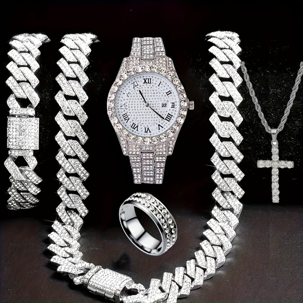 Jewelry Set with Watch - Men's Hip-Hop & Waterfall Chain Sparkling Bracelet & Necklace Combo, 3pcs - main product view