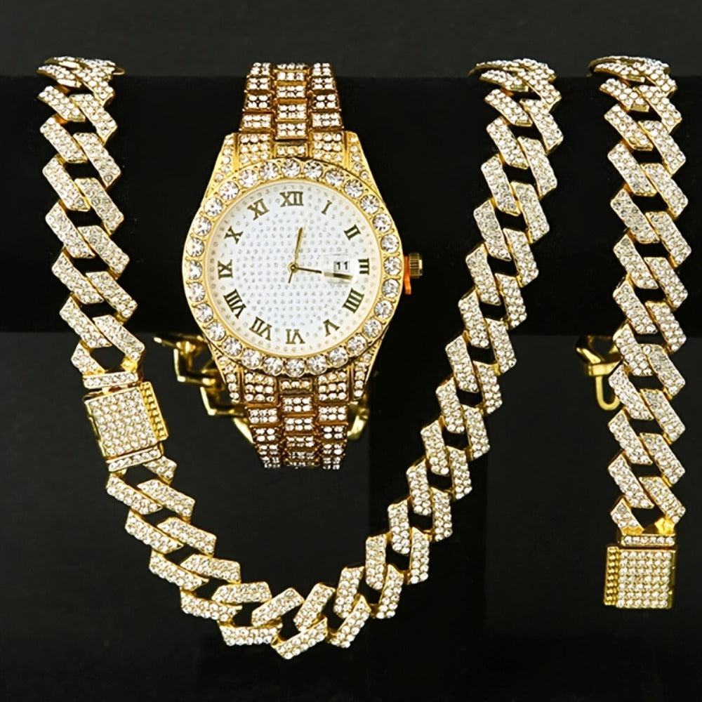 Jewelry Set with Watch - Men's Hip-Hop & Waterfall Chain Sparkling Bracelet & Necklace Combo, 3pcs - product detail view 3