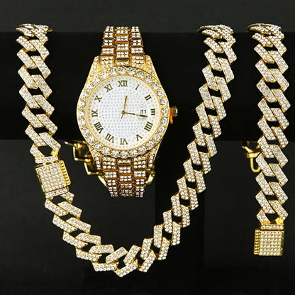 Jewelry Set with Watch - Men's Hip-Hop & Waterfall Chain Sparkling Bracelet & Necklace Combo, 3pcs - product detail view 3