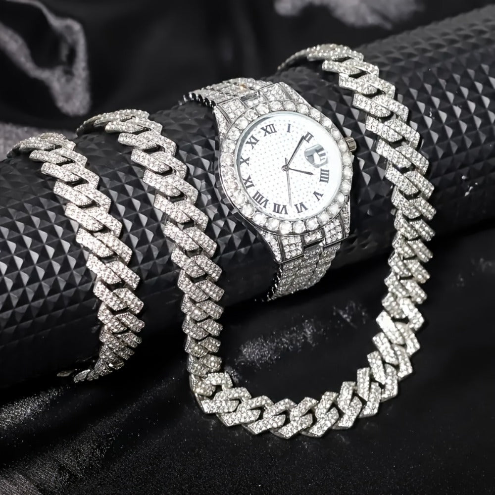 Jewelry Set with Watch - Men's Hip-Hop & Waterfall Chain Sparkling Bracelet & Necklace Combo, 3pcs - product detail view 4
